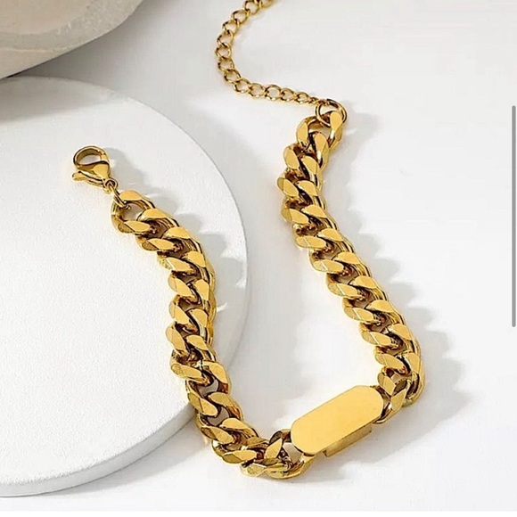 Gold Plated Cuban Square Plate Miami Unisex Minimalist Bracelet - Picture 4 of 7